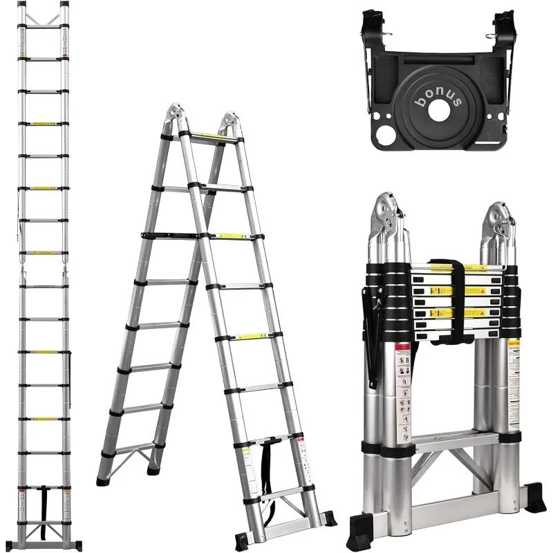 

Telescoping Ladder A Frame, 16.5 Ft Aluminum Extension Ladder, Portable Compact Telescopic RV Ladder with Tool Platform