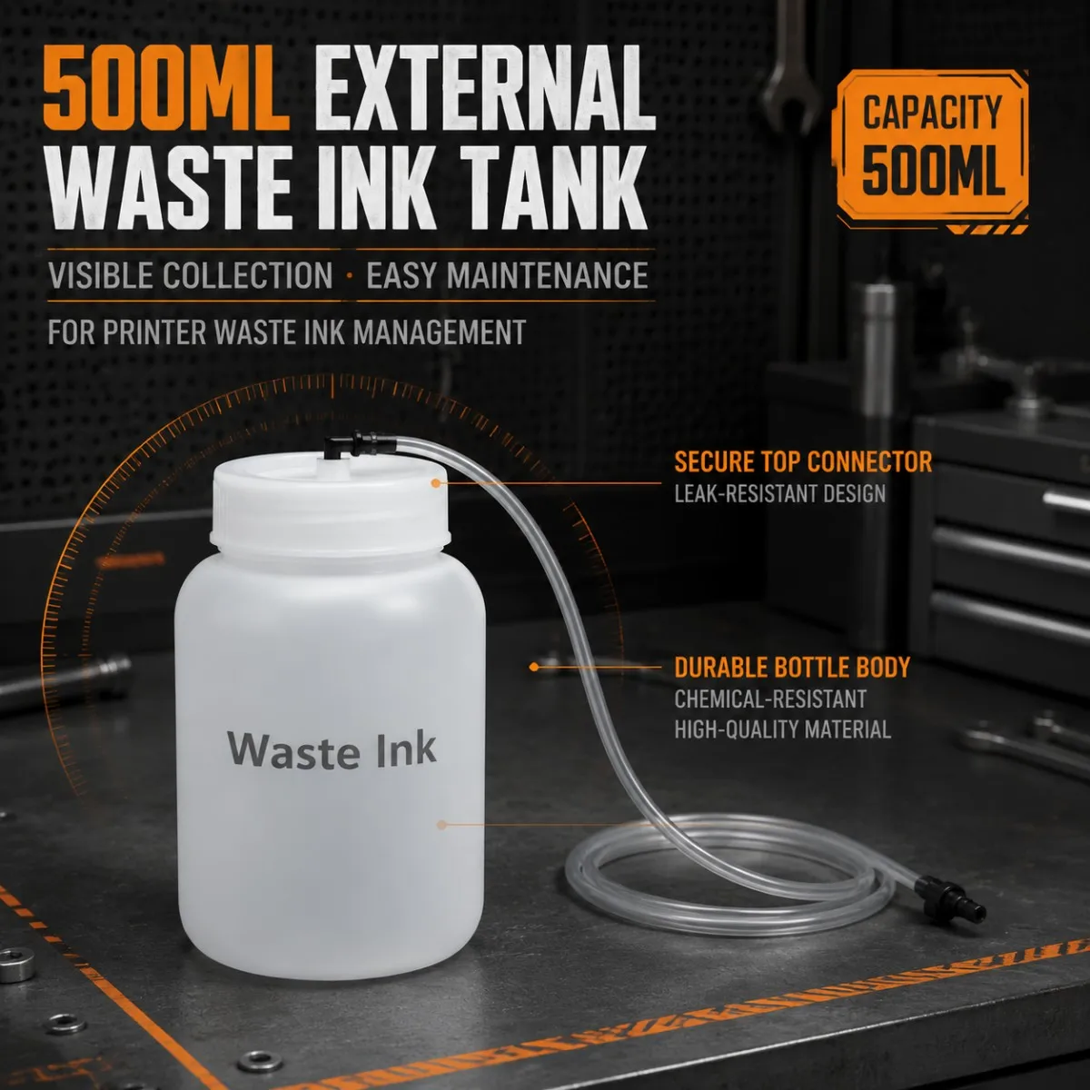 500ML External Waste Ink Bottle | 1M Tube + Matching Connector, Waste Ink Collector Bottle for DTF DTG UV Sublimation Printers