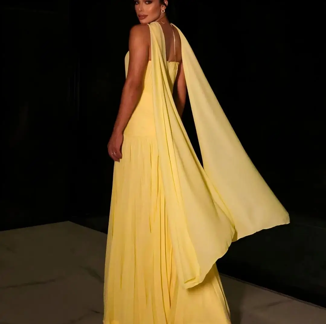 KFDER Yellow Sweetheart Pleated Ruched Bodice Cape Evening Gowns Fitted Maxi Skirt Party Dresses Custom Dress robes de soirée