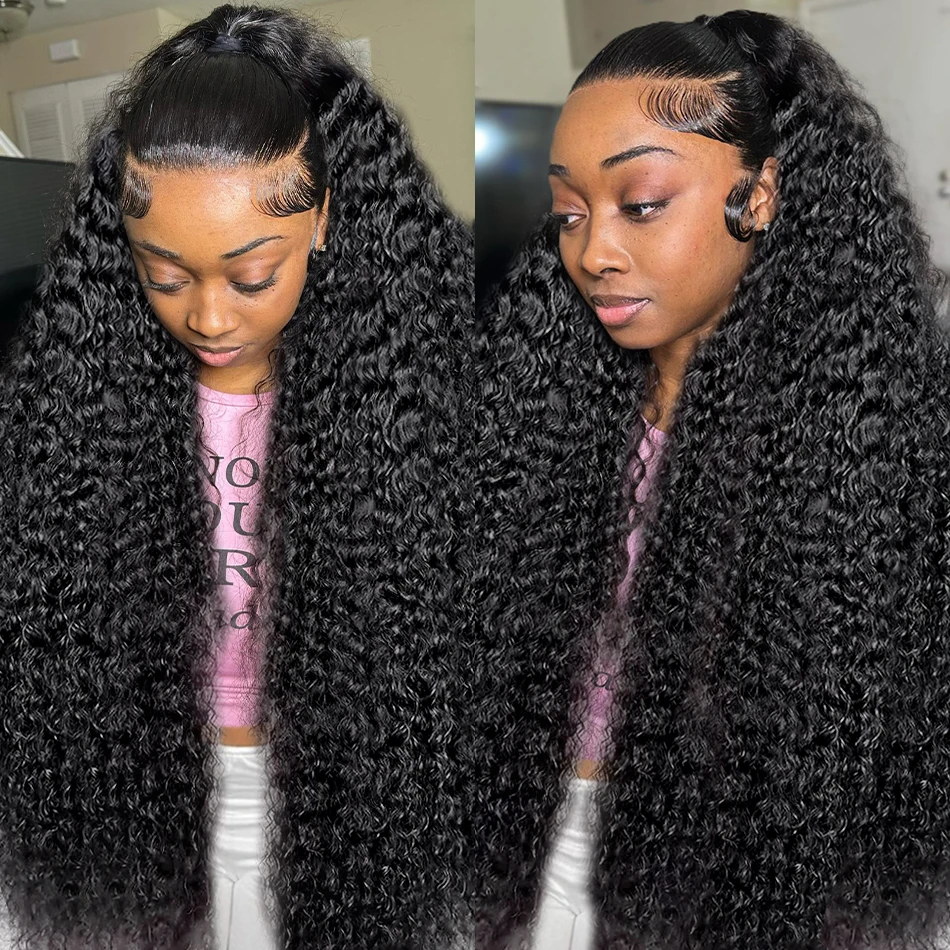 Glueless Curly Frontal peruca de cabelo humano para mulheres, perucas de onda profunda, preto natural, 13x4 Lace Front, onda profunda, 150%, 18 40 Polegada