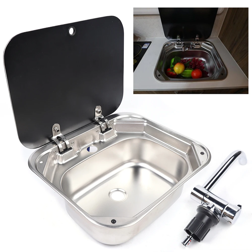 Caravan Camping Stainless Steel Hand Wash Basin Sink with Tempered Glass Lid Camper Accessories RV Stainless Steel Covered Sink