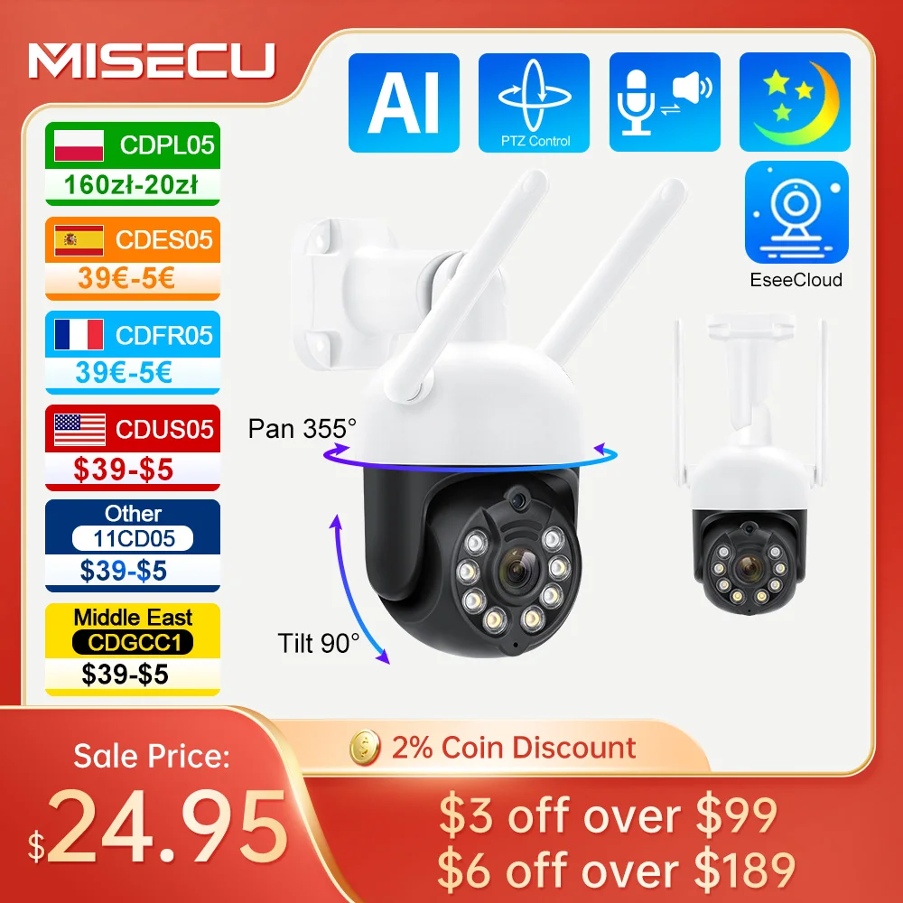 

MISECU 3MP WIfi Camera Outdoor Security IP Camera Auto Tracking Wireless Camera H.265 P2P Home CCTV Surveillance Camera