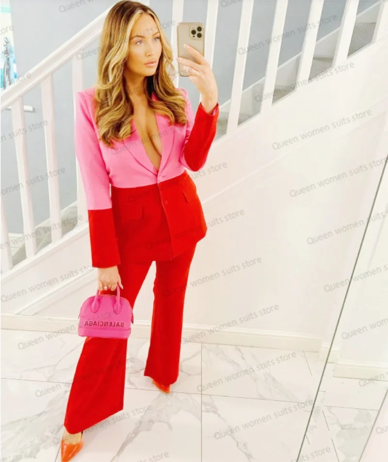 Pink Red Women Suit Set Blazer+Pants Plus Size 2 Pieces Wedding Tuxedo Party Prom Dress Custom Made Sexy V Neck Jacket Coat