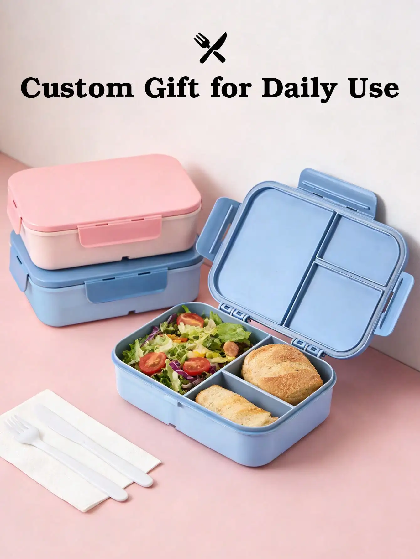 Custom Name Bento Lunch Box Portable With Fork Spoon Pink Blue Personalized Food Container For Kids Adults Work School Picnic