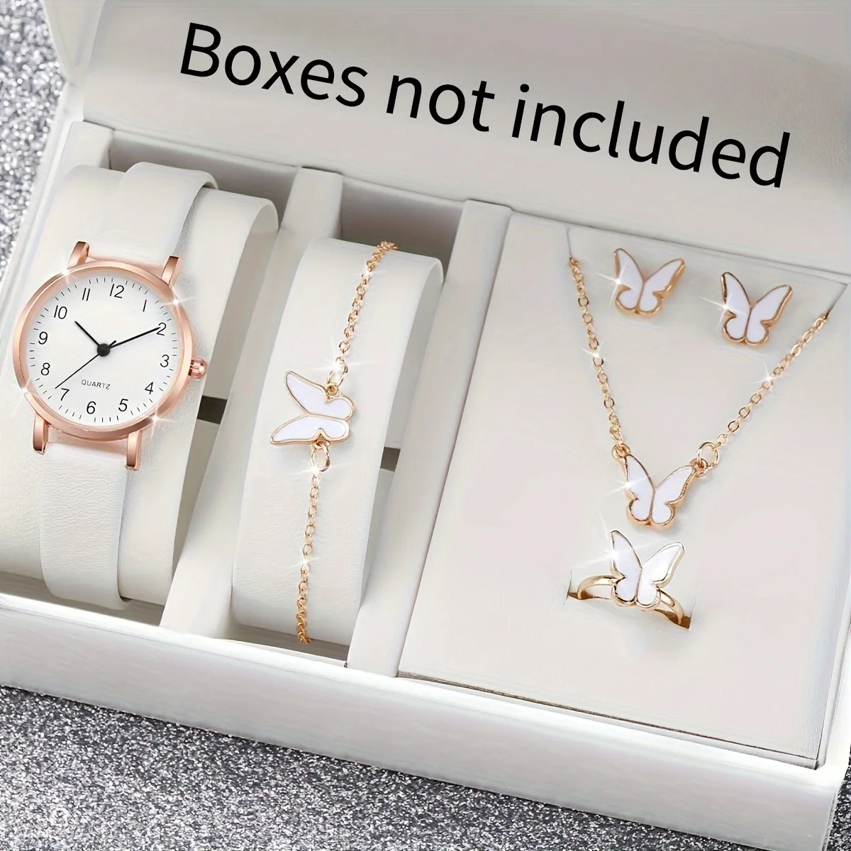 

6pcs/set Women's Watch Casual Round Pointer Quartz Watch Analog PU Leather Wrist Watch & Butterfly Jewelry Set, Gift For Mom Her