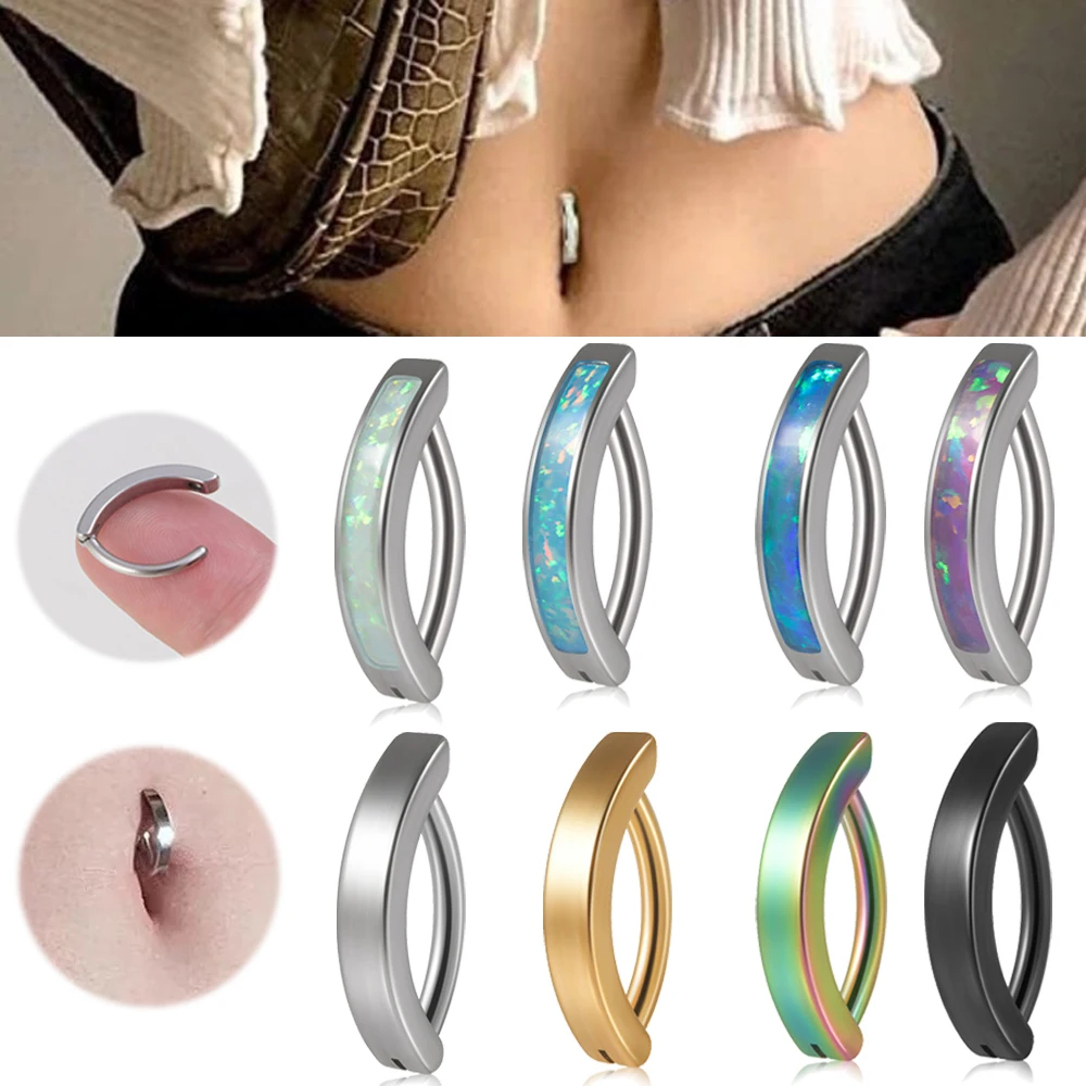 1PC Surgical Steel Simple Belly Button Ring Fire Opal Navel Piercing Reverse Curved Glossy Snap Belly Piercing Body Jewelry