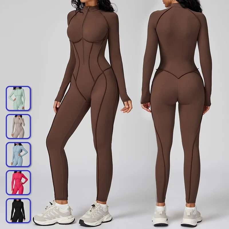 

Yoga Bodysuit Long Sleeved Women's Tracksuits Gym Zipper Jumpsuits Sports Workout High-intensity Fitness One-piece Tights Suit