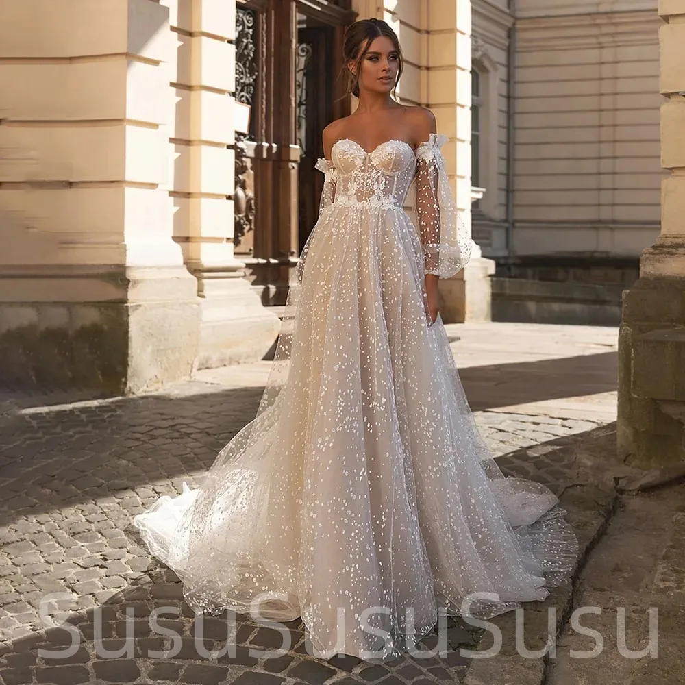 

Sexy Sweetheart Strapless Puff Sleeves A-Line Wedding Dresses For Bride Backless Glitter Dot Tulle Robe De Marié 2024