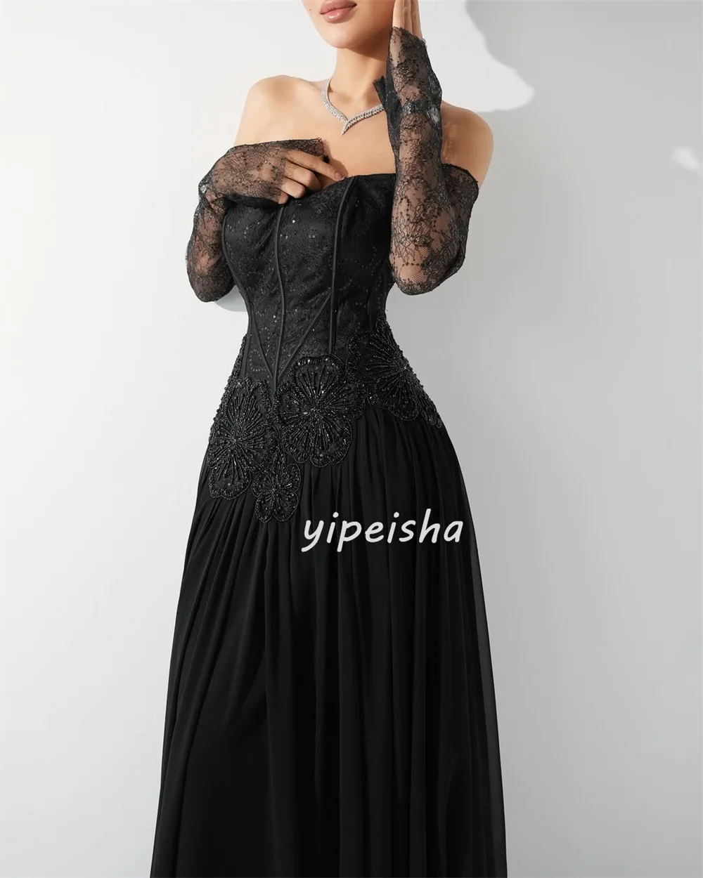 Abiti lunghi dritti con spalle scoperte in pizzo con perline in chiffon di moda stile moderno personalizzato Abiti da occasione su misura abbinati