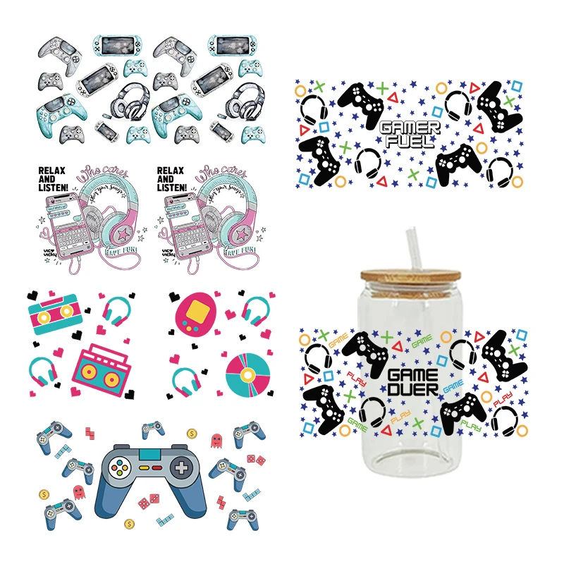 Uv Dtf Cup Wrap Iron On Transfer Cartoon GamePad Stickers For Glass Cup 16oz Decoration D16312