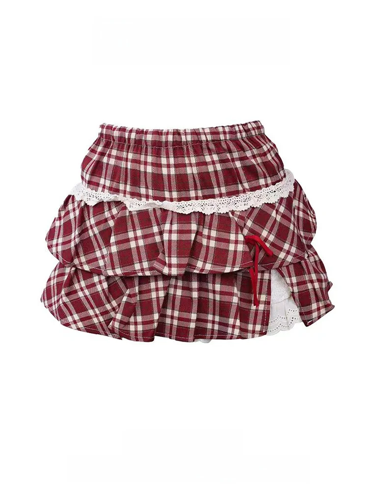 

Красная клетчатая пышная короткая юбка с высокой талией для женщин, весенняя юбка-кейк в стиле Pure Desire, дизайнерская юбка средней длины в стиле Y2K, Sweet Spicy