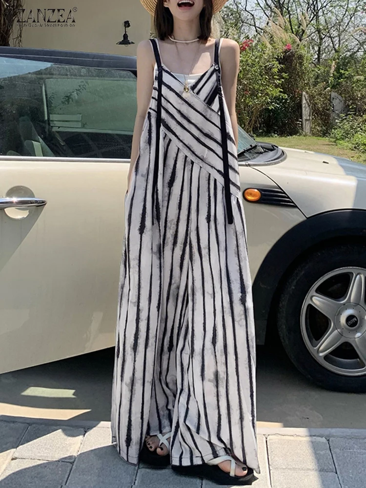 

ZANZEA Casual Printing Sleeveless Jumpsuits Women Loose V-Neck Adjustable Straps Side Pockets Wide Leg Pant Overalls 3 Patterns
