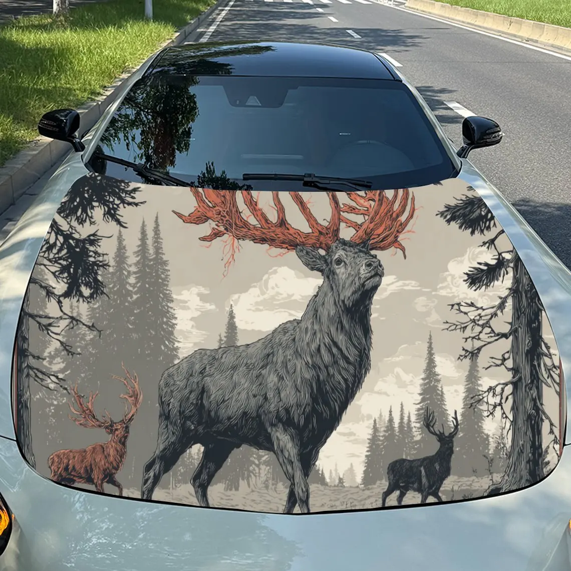

Мечтательный олень в мифическом лесу, виниловые наклейки на капот двигателя автомобиля из ПВХ, самоклеящаяся водонепроницаемая наклейка на капот автомобиля, украшение автомобиля