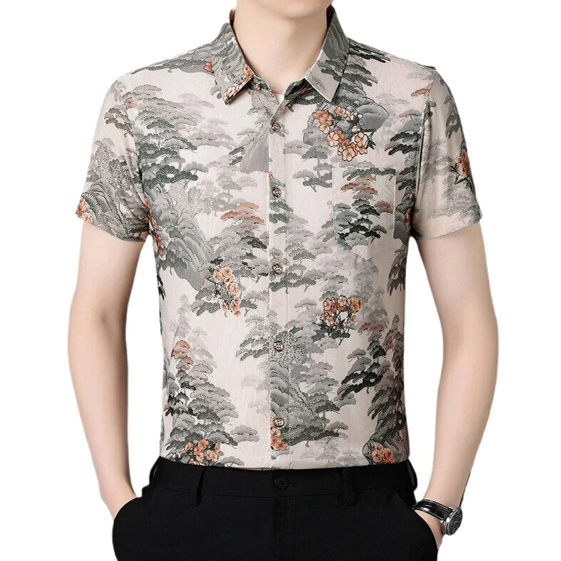 

Мужские классические рубашки в китайском стиле с золотистым бронзовым цветочным принтом, летняя рубашка Camisa Hombre, роскошная дизайнерская рубашка на пуговицах с короткими рукавами
