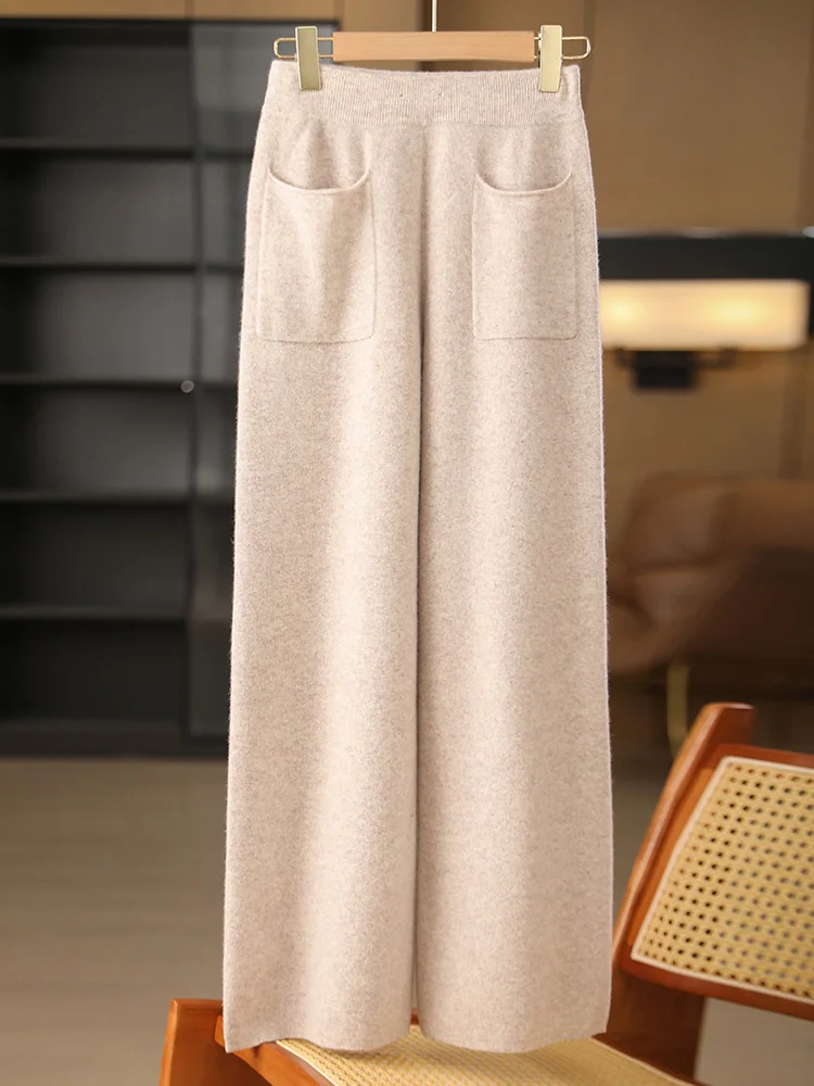 新しい Women100% メリノウールニットワイドレッグパンツポケットデザイン秋冬ベーシックソフト暖かいカシミヤニットズボンカジュアルスタイル