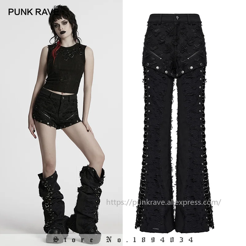 PUNK RAVE Women's Punk Tattered Twill Detachable Dark Split Wide Leg Pants Suitable for Two-piece Cool Handsome Streetwear