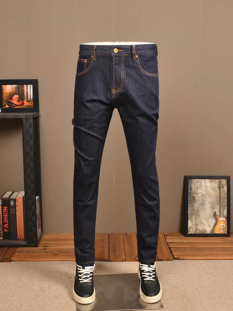 New All-Match Primary Color Jeans Men's Slim Straight Four-Side Elastic High-End Washed Casual Work Classic Men's Pants
