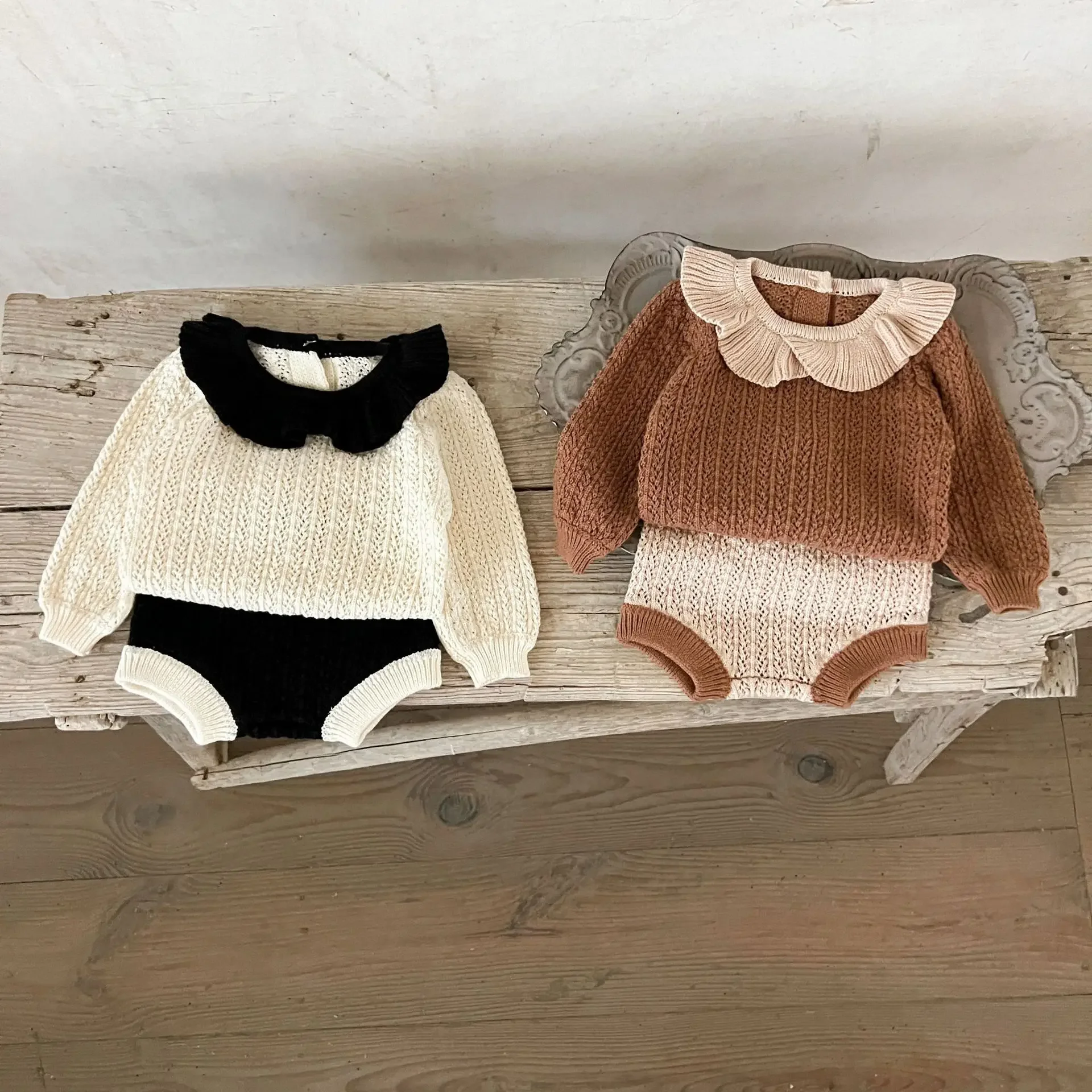 Spring Autumn New Fashion Baby Girl Knit Set Premium Cotton Breathable Comfortable Ruffle Collar Knit Top Shorts 2-Piece Outfit