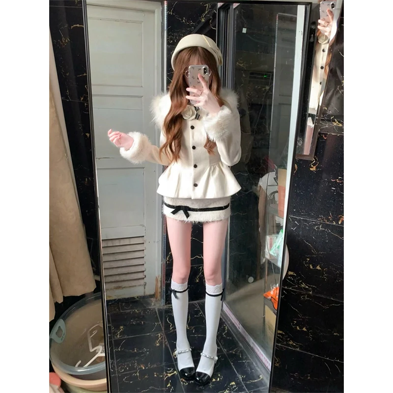 2 Piece Set Women Outfit Cropped Faux Woolen Jacket Elegant Bow Mini Skirt Sweet Korean Faux Fur Patchwork Coat Winter Outfits