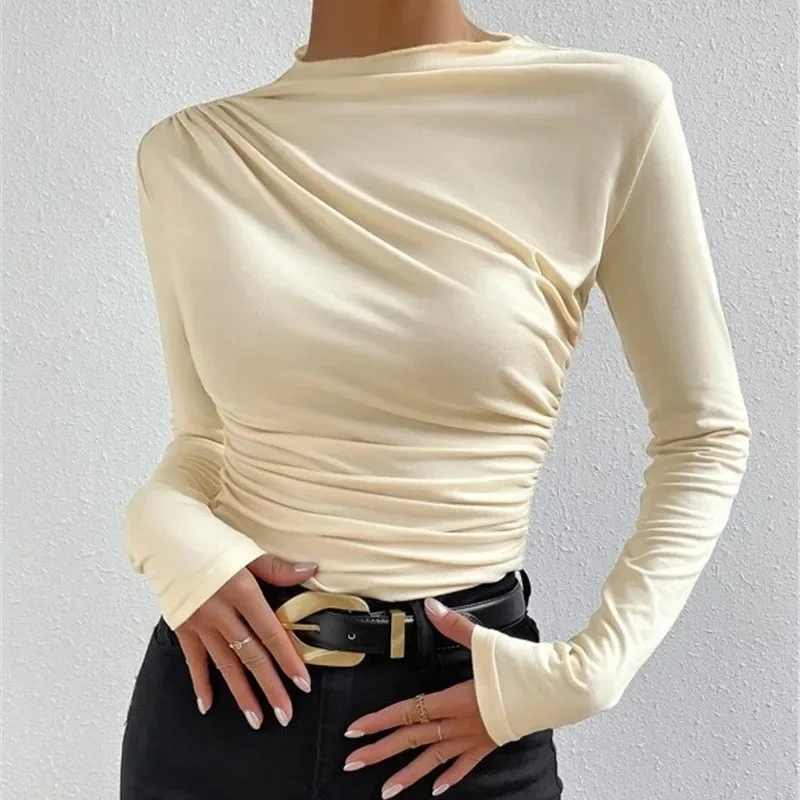 Chic Office Ladies Ruched Long Sleeved T-Shirt 2024 Autumn New Solid Color Slim Bottom Shirts Casual Women's Tops