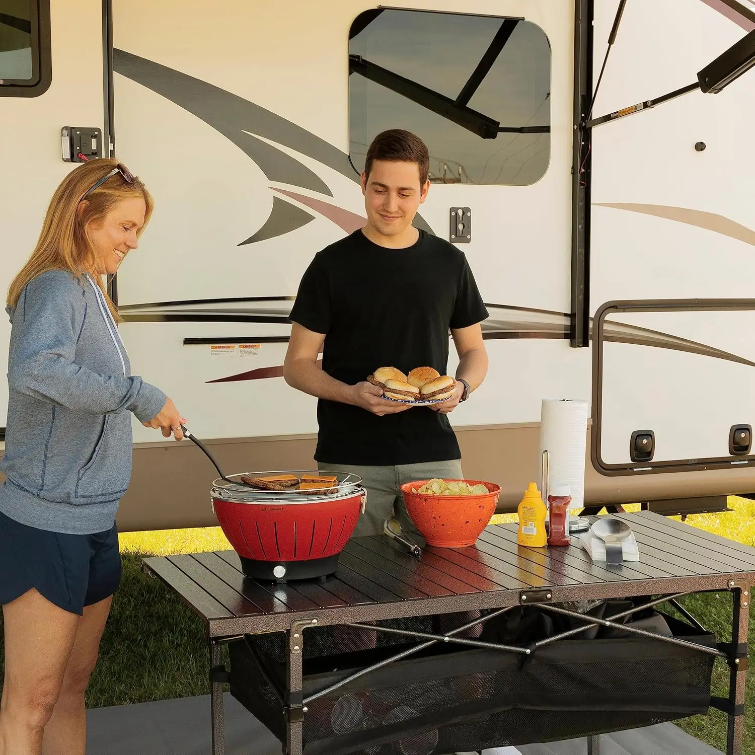 Camping Dining Table, Slatted Aluminum Tabletop, Design, Heavy-Duty Steel Legs, Powder-Coated Protection, Mesh