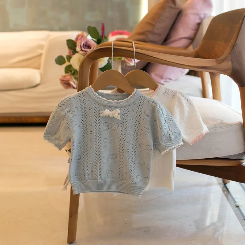 1-5Y Baby Girls Clothes Hollow Out Kids Girls Tee O Neck Knit T shirts Brief Style Girls Base Tops