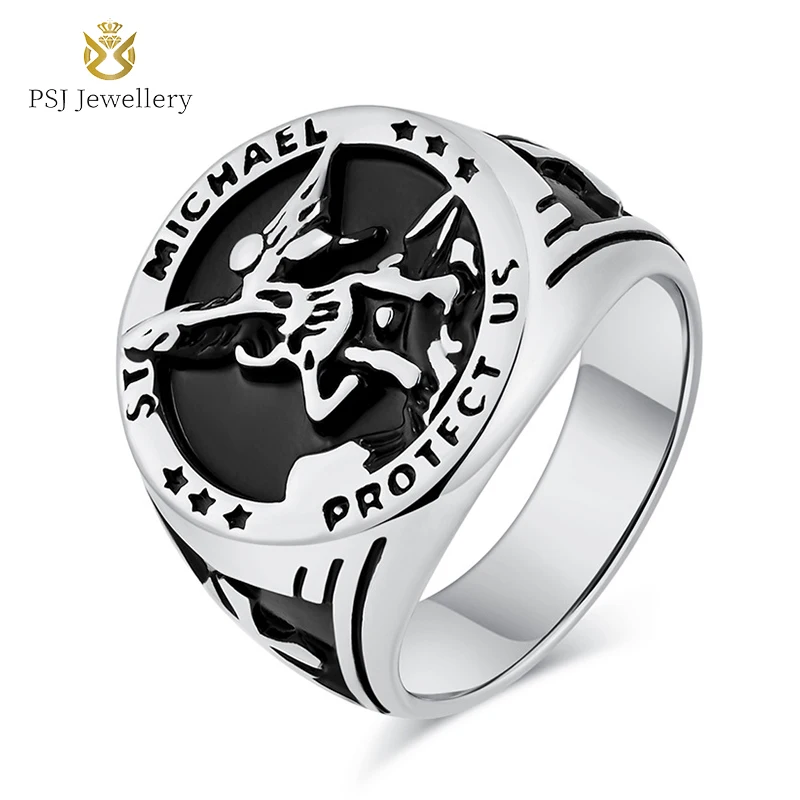 PSJ Fashion Vintage Male Jewelry Large-Size Saint Michael Archangel Design Titanium Stainless Steel Rings for Men Wedding Party