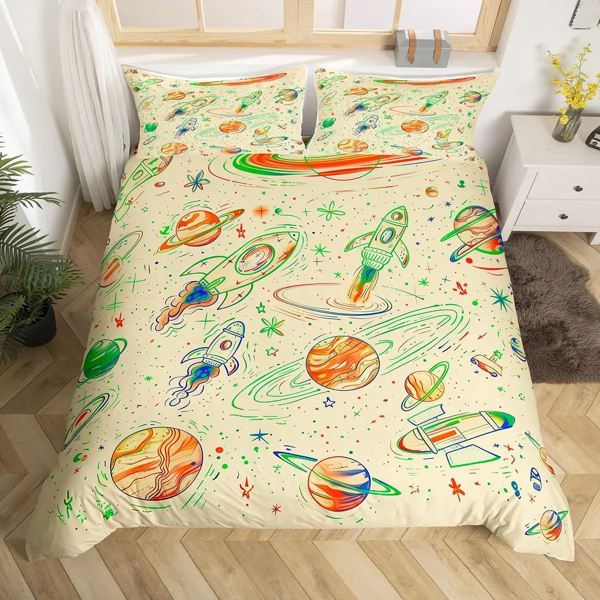 Planet Kids Duvet Cover Planets Rockets Airships Outer Space Galaxy Bedding Set,Stars Dots Comforter Cover Cartoon Quilt Cover