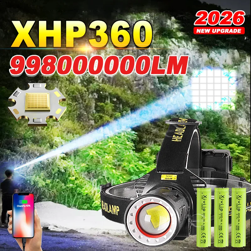 NEWEST 998000000LM Ultra Bright LED Headlight XHP360 IR Sensor Headlamp Rechargeable Powerful Head Torch Outdoor Fishing Lantern