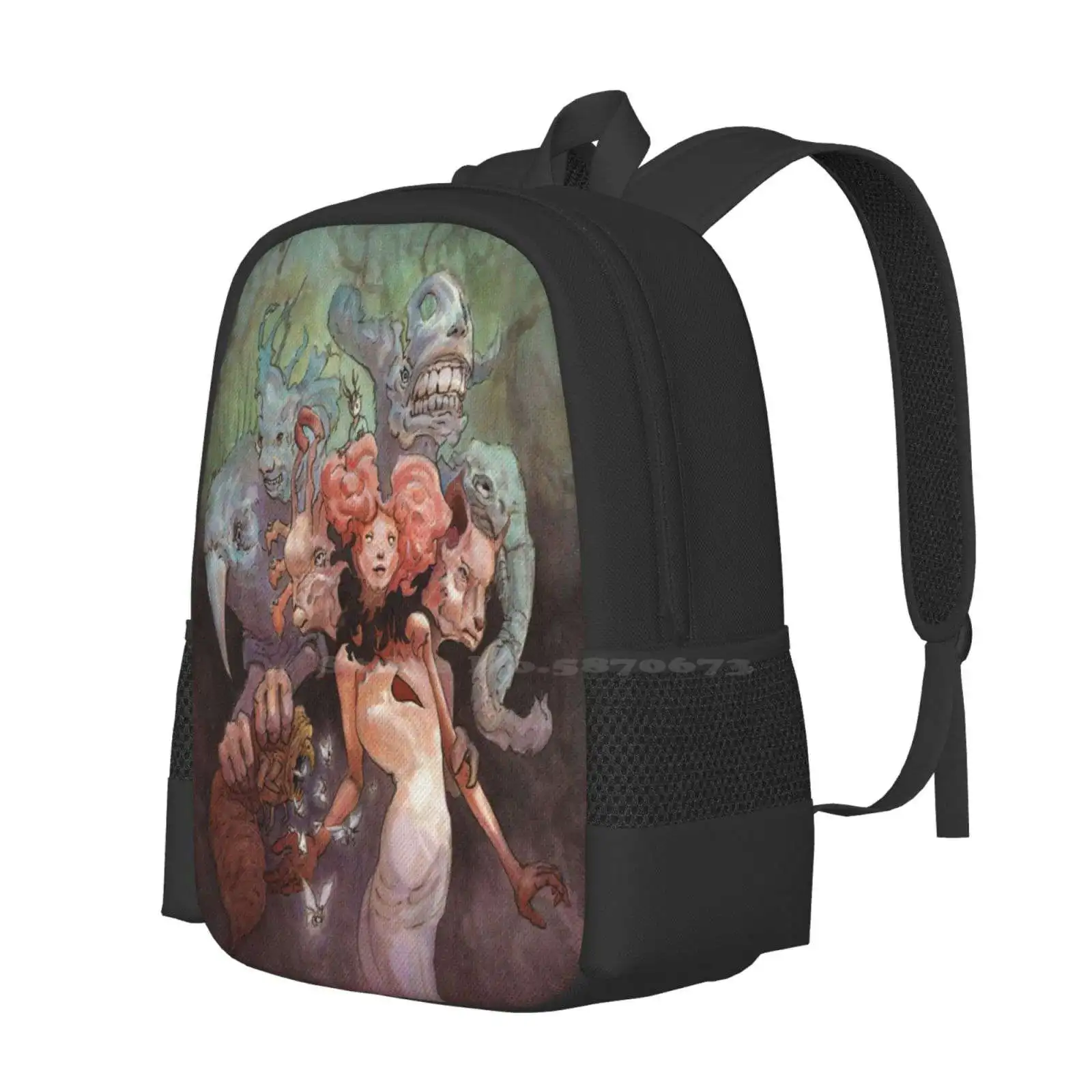 The Fanglehorn Troupe Hot Sale Schoolbag Backpack Fashion Bags Different Unusual Bold Line Ink Pencil Trees Girl Landscape