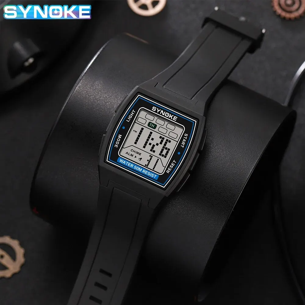 SYNOKE Digital Watches Men Sports Luminous Chronograph Waterproof Male Electronic Wrist Watches Relogio Masculino Retro Square