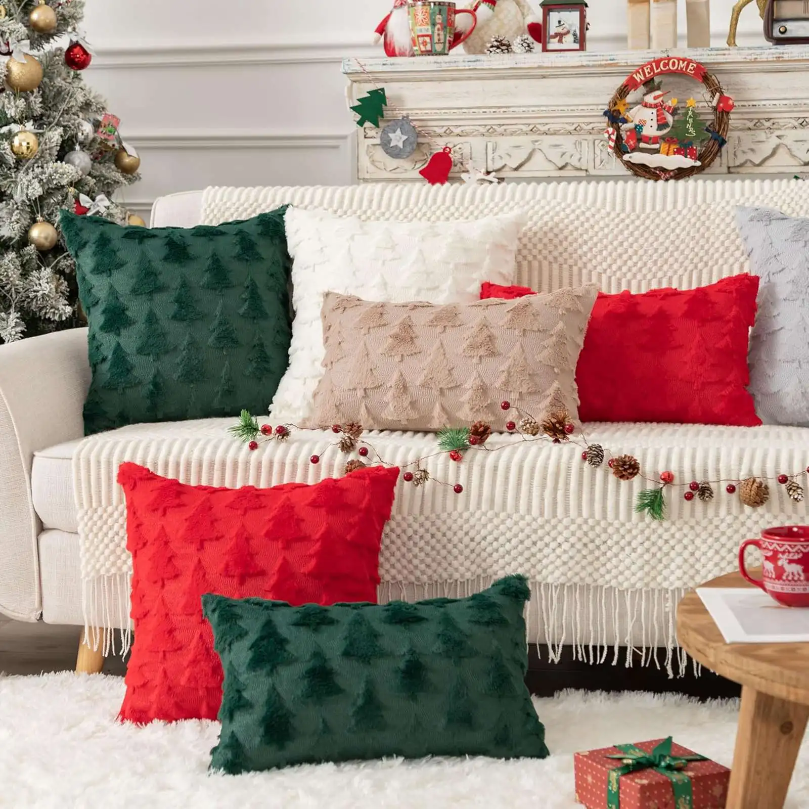 

Pillow Covers 18x18 Inch 2pcs Soft Plush Faux Fur Christmas Tree Decorative Luxury Jacquard Pillowcases Couch Sofa