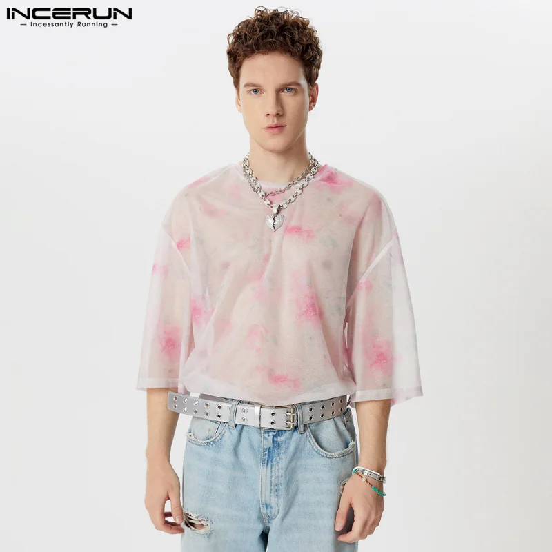 INCERUN Men T Shirt Tie Dye Mesh Transparent O-neck Half Sleeve Sexy Men Clothing Streetwear 2024 Summer Fashion Male Tee Tops