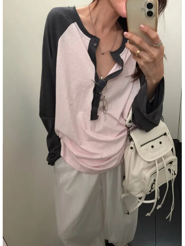 Fashionable Knitted Long Sleeve T-Shirt Women's Chic Autumn Color Block Design Anti-Aging Korean Style Casual Wear for Variou...