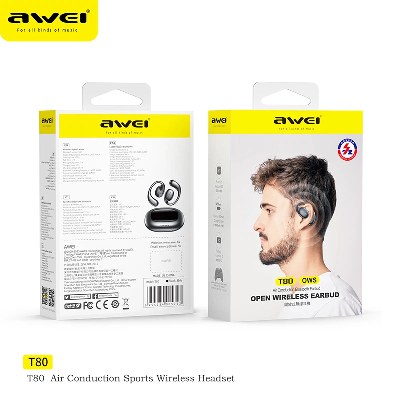 Awei T80 OWS Earhook Sports Headset Air Conduction Wireless Bluetooth Headphones Bluetooth 5.3 Earphones TWS Earbuds 450mAh