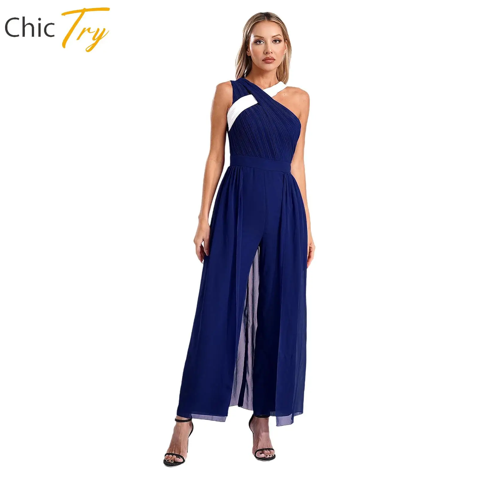 

Women Chic Jumpsuits Asymmetrical Ruched Straps Wide Leg Pants Jumpsuit for Evening Party Cocktails Commute Office Lady Trousers