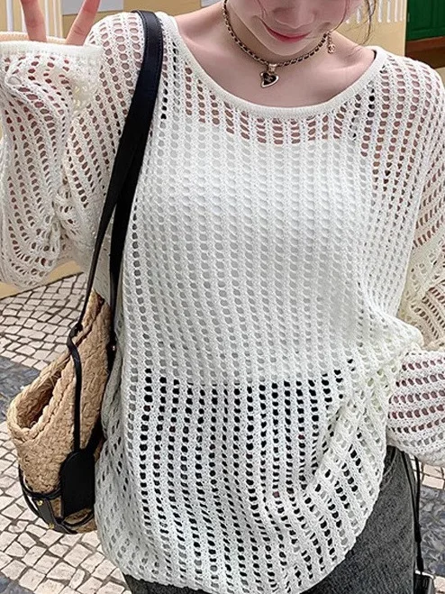 Pullovers women sweater 2026 casual hollowed-out Spring/Summer new round neck sweet net knitted holes top women's clothing