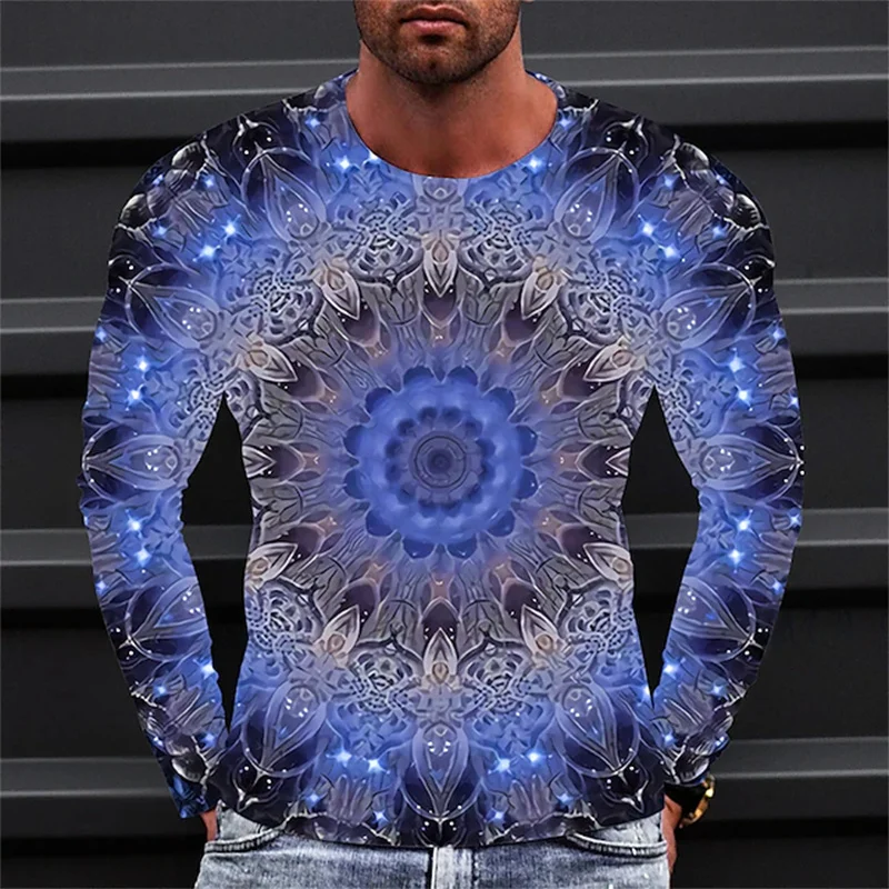 Visual Illusion Pattern T-Shirt For Men Fashion Colorful 3D Printed T Shirts Autumn Casual Loose O-Neck Tops Tees Long Sleeves