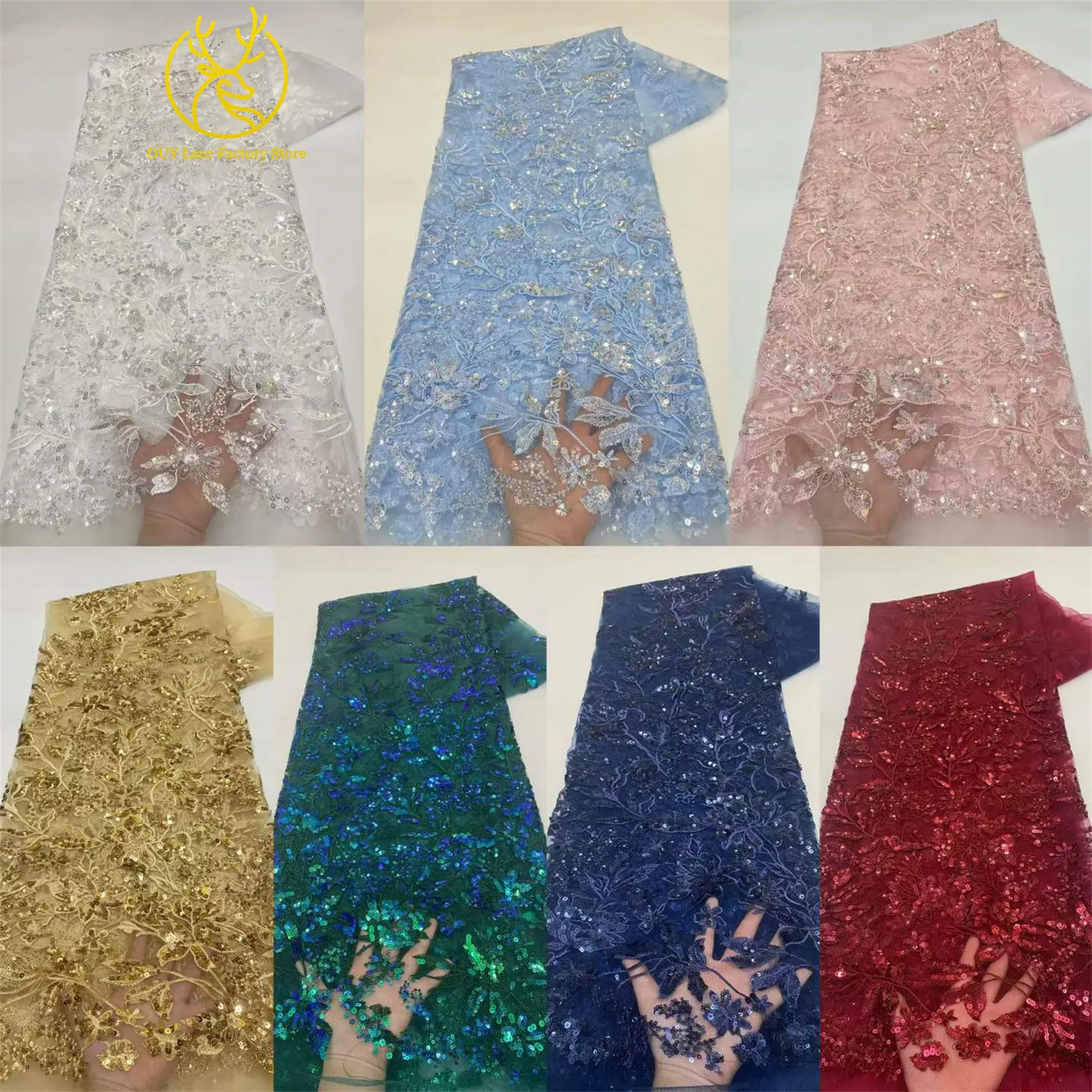 Goldener Luxus-Tüllstoff mit französischer Stickerei und Pailletten, afrikanischer Pailletten-Mesh-Tüllstoff zum Nähen von Hochzeits- und Abendkleidern – Detail 3