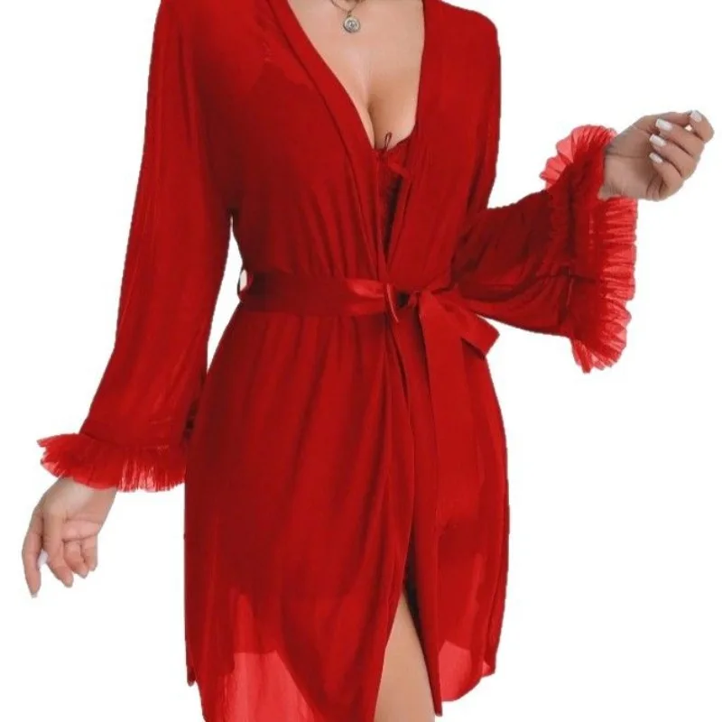 Women Sexy Robe Lingerie Set Lace V-neck Cami Dress with Transparent Mesh Night Gown Robe Nightwear Female Casual Sleepwear image 4
