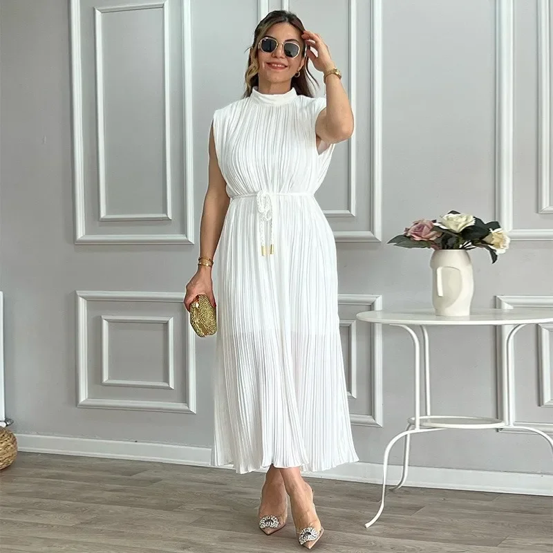 Lace-up Mid-Length Dress Elegant Trend Simple Long Dress Women Half Turtleneck Waist-Controlled Solid Color Long Casual Dress