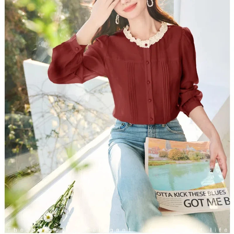 Round Neck Pullover Lace Patchwork Shirring Button Solid Color Chiffon Lantern Long Sleeve Elegant T-shirt Women\'s Clothing Tops