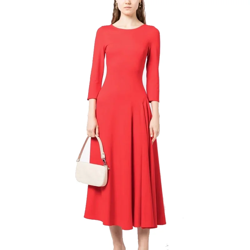 

Red Solid Women OL Dress Long Sleeve O-Neck Pleated Dresses 42203