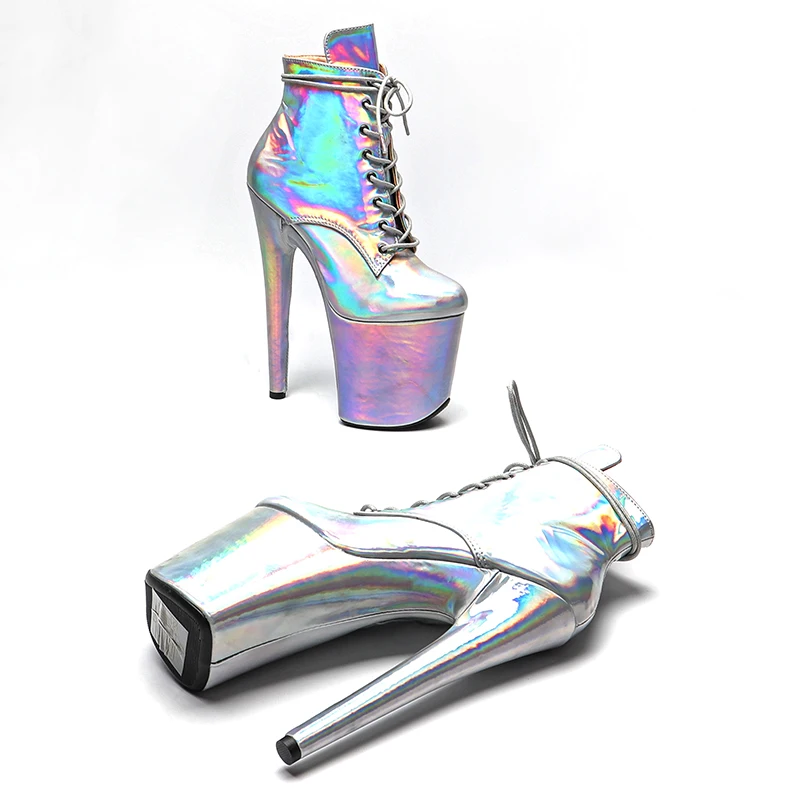 Leecabe  20CM/8Inch Shiny holography PU upper Trend fashion high heel platform stripper heel ankle Pole Dance ankle boots