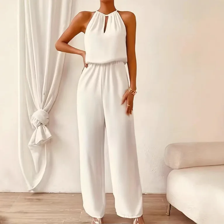 High Waist Elastic Waist Jumpsuit Loose Fit Long Pants Polyester Fiber Spring Seasonal Women's One-Piece Suits Chinese Made