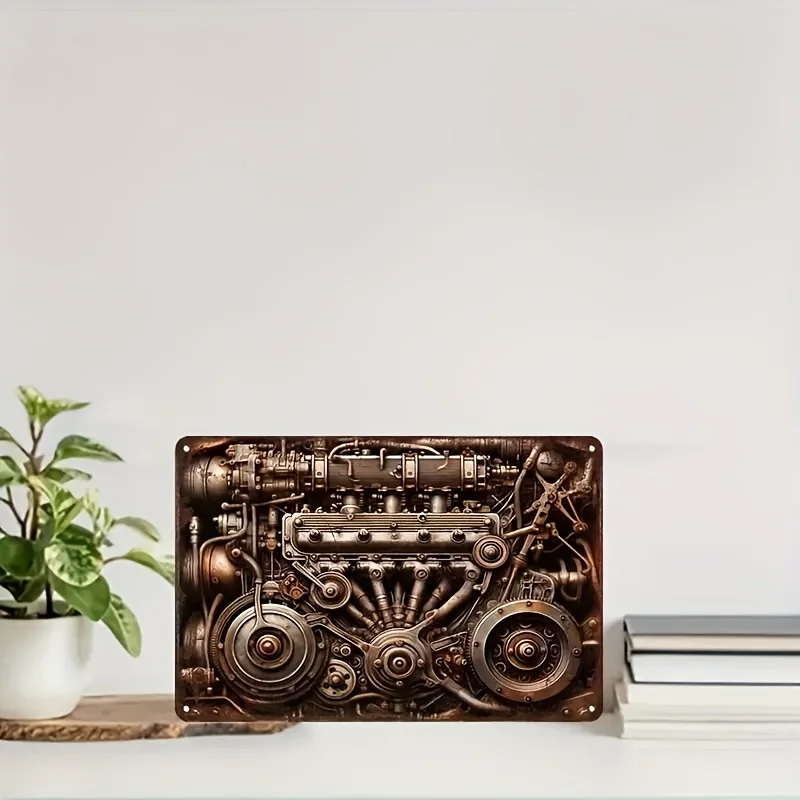 1pc, Steampunk Machine Gear Engine Design Metal Tin Sign (11.8x7.8 Inches/30x20cm), Vintage Rustic Garage Wall Art