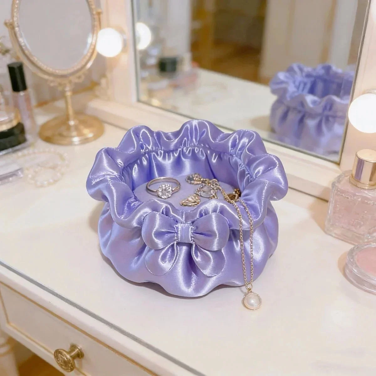 Satin Bow Jewelry Organizer Purple Ruffled Flower Shape Tray Soft Fabric Ring Necklace Earring Storage Bowl