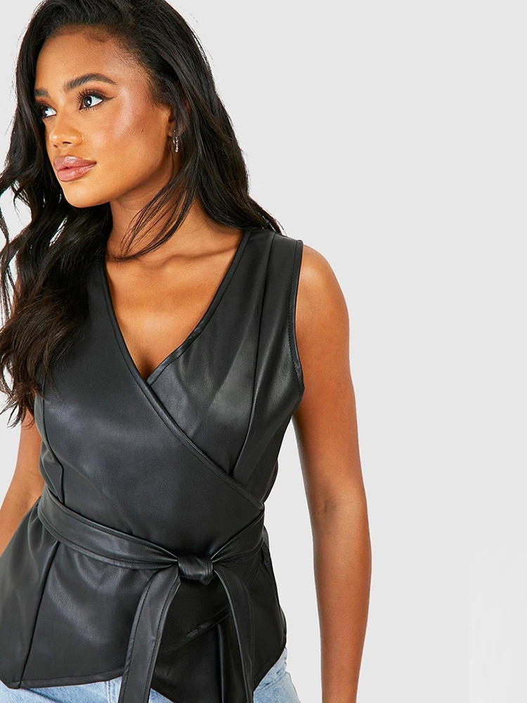 Matte Faux Leather Camisole Women Elegant Sleeveless V Neck Stretch PU Vest Chic Waist Bandage Top Party Custom Clubwear New