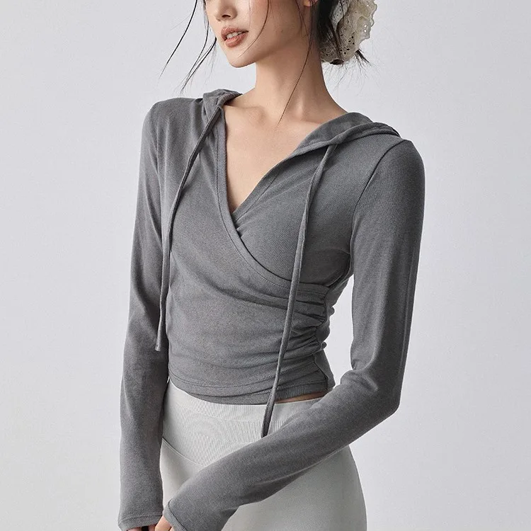 

Женская спортивная футболка для йоги с капюшоном и длинным рукавом с v-образным вырезом, облегающие дышащие быстросохнущие топы для бега, пилатеса, тренировочные рубашки для фитнеса