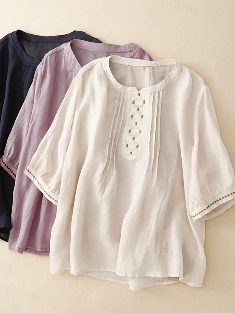 Retro algodón Lino plisado redondo Ne irt mujeres verano alta gama Simple bordado Top Lino ort Sve mamá pequeño irt